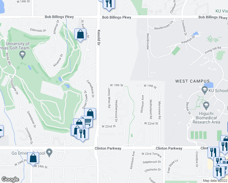 map of restaurants, bars, coffee shops, grocery stores, and more near 1925 Heatherwood Drive in Lawrence