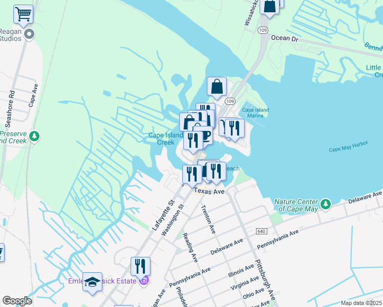 map of restaurants, bars, coffee shops, grocery stores, and more near 880 1st Avenue in Cape May