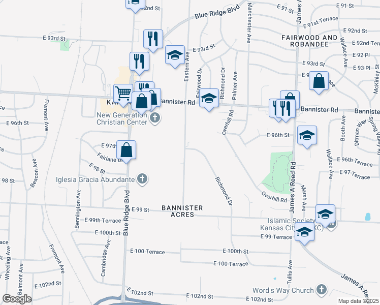 map of restaurants, bars, coffee shops, grocery stores, and more near 9600 Richmond Drive in Kansas City
