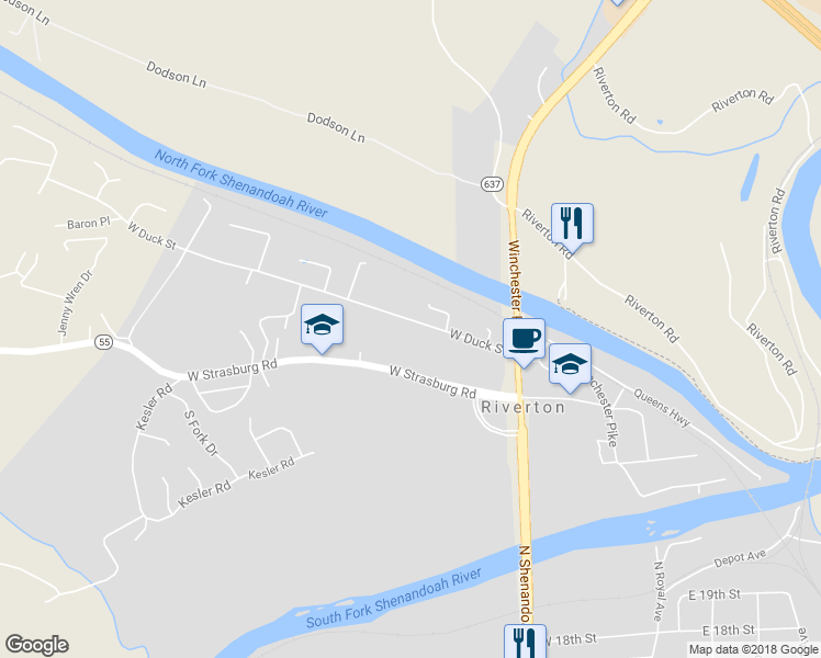 map of restaurants, bars, coffee shops, grocery stores, and more near 155 West Duck Street in Front Royal