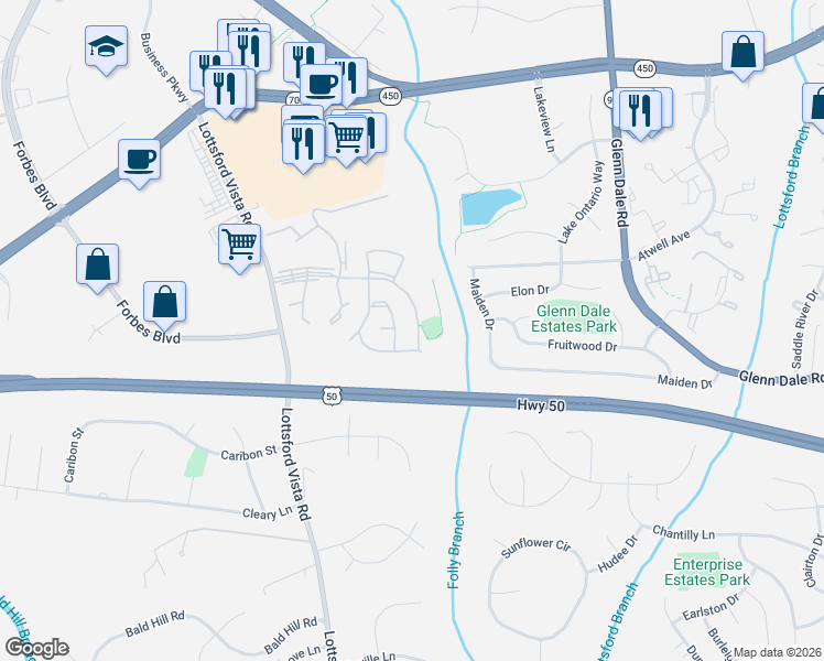 map of restaurants, bars, coffee shops, grocery stores, and more near 10841 Vista Gardens Drive in Bowie