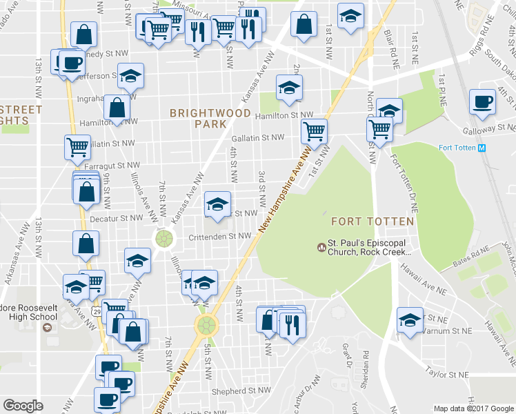 map of restaurants, bars, coffee shops, grocery stores, and more near 4804 3rd Street Northwest in Washington
