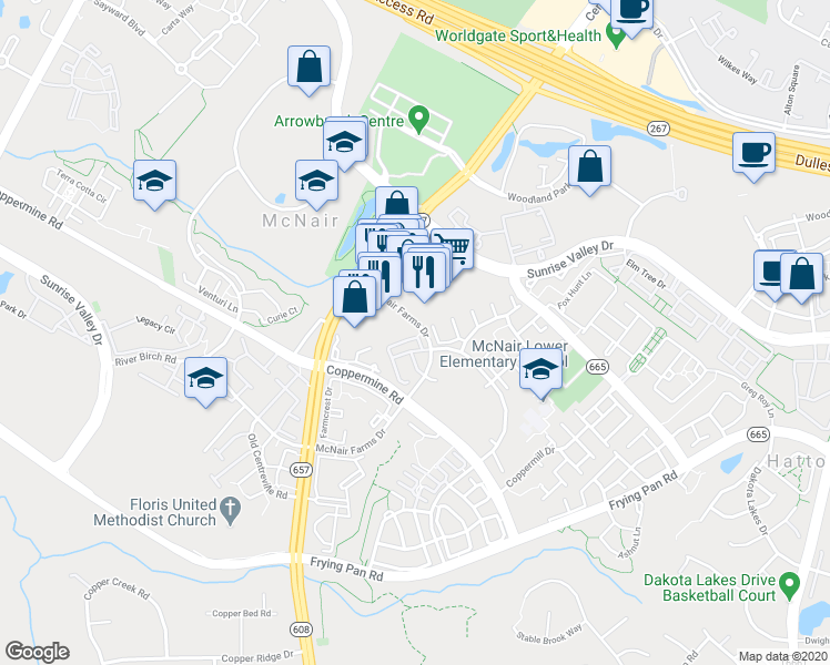 map of restaurants, bars, coffee shops, grocery stores, and more near 44 McNair Farms Drive in Herndon