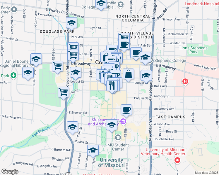 map of restaurants, bars, coffee shops, grocery stores, and more near 219 South 9th Street in Columbia