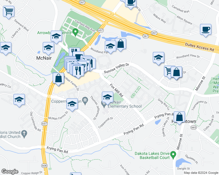 map of restaurants, bars, coffee shops, grocery stores, and more near 2472 Covered Wagon Court in Herndon