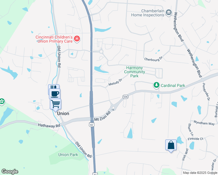 map of restaurants, bars, coffee shops, grocery stores, and more near 9866 Melody Dr in Union