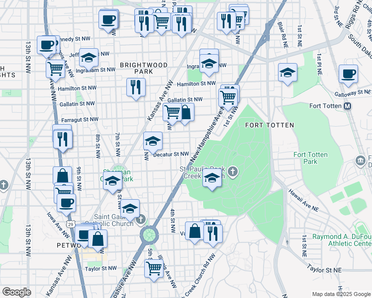 map of restaurants, bars, coffee shops, grocery stores, and more near 4804 3rd Street Northwest in Washington