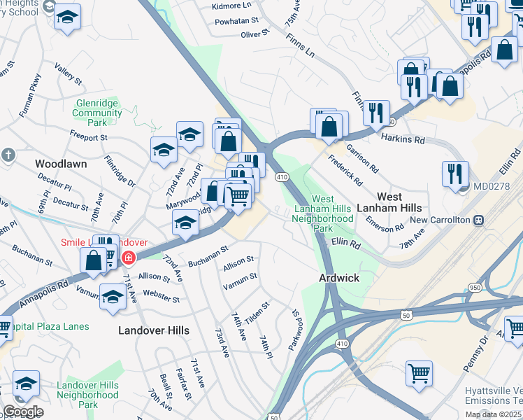 map of restaurants, bars, coffee shops, grocery stores, and more near 7550 Buchanan Street in Hyattsville