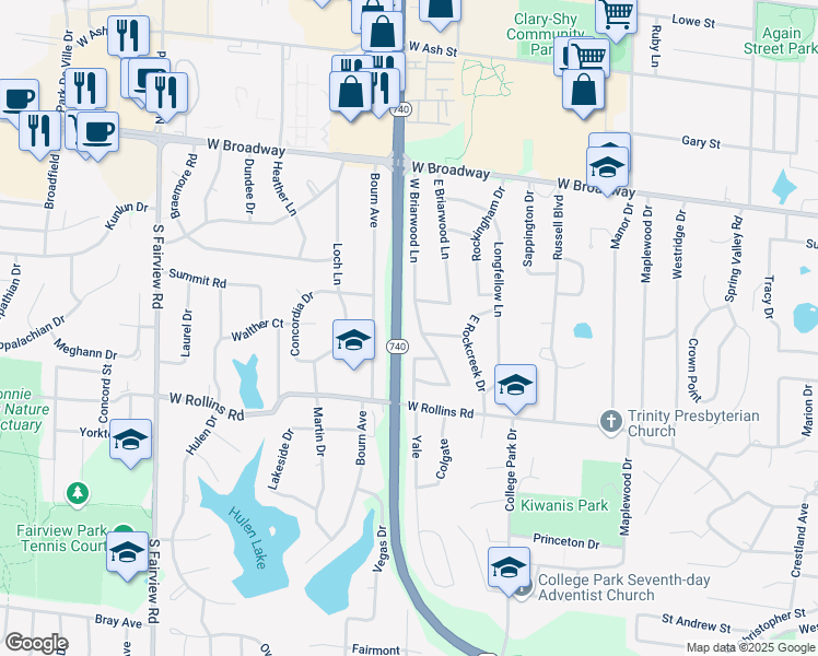 map of restaurants, bars, coffee shops, grocery stores, and more near 409 West Briarwood Lane in Columbia