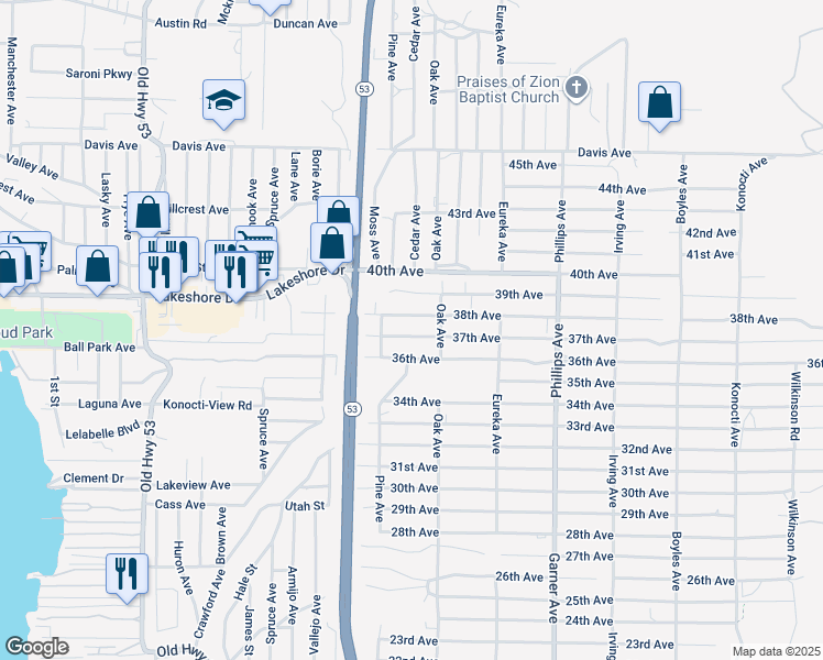 map of restaurants, bars, coffee shops, grocery stores, and more near 15608 37th Avenue in Clearlake