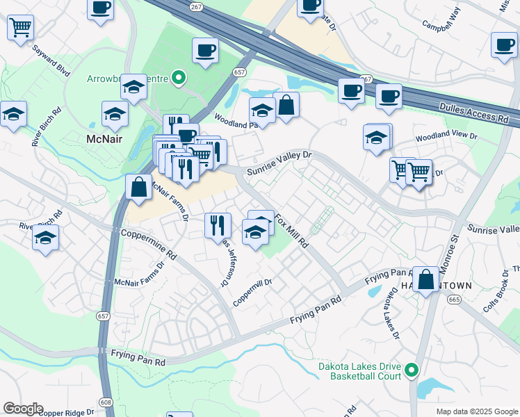 map of restaurants, bars, coffee shops, grocery stores, and more near 2472 Covered Wagon Court in Herndon