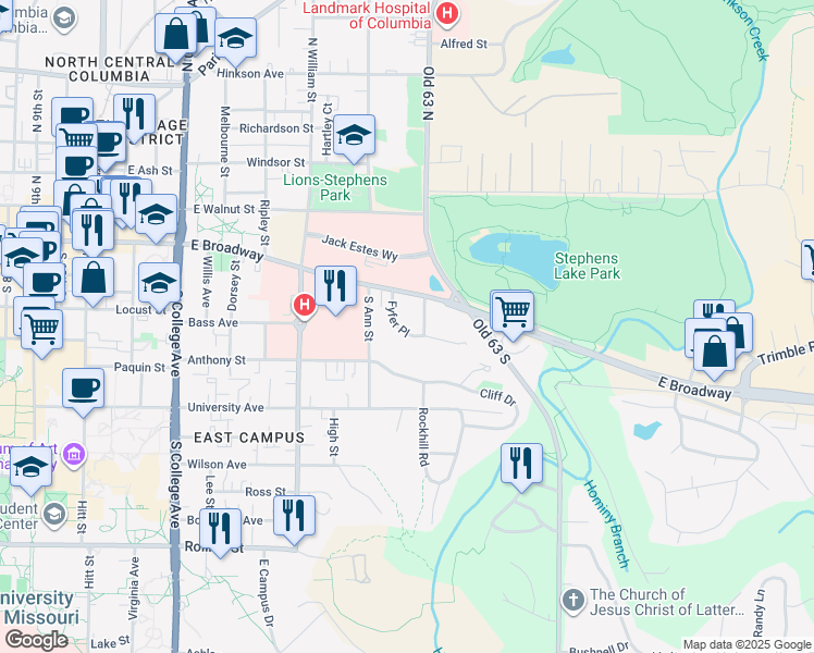 map of restaurants, bars, coffee shops, grocery stores, and more near 108 Fyfer Place in Columbia