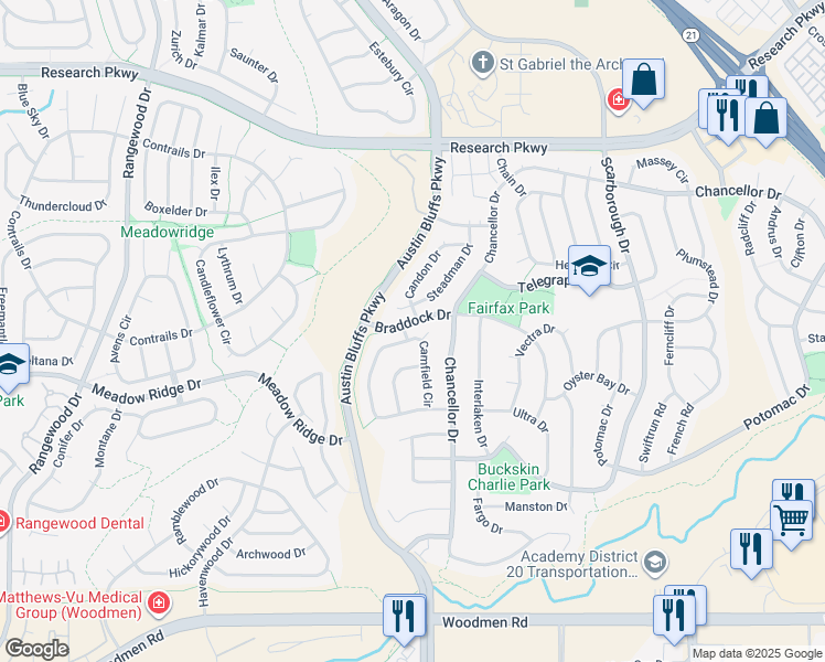 map of restaurants, bars, coffee shops, grocery stores, and more near 8310 Camfield Circle in Colorado Springs