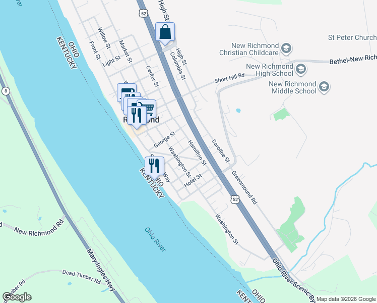 map of restaurants, bars, coffee shops, grocery stores, and more near 209 Plenty Street in New Richmond