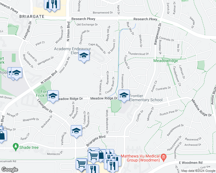 map of restaurants, bars, coffee shops, grocery stores, and more near 8167 Ravenel Drive in Colorado Springs