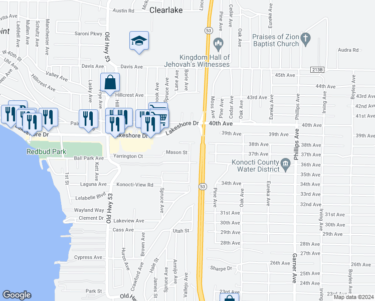 map of restaurants, bars, coffee shops, grocery stores, and more near 15428 Mason Street in Clearlake