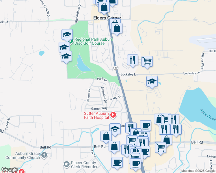 map of restaurants, bars, coffee shops, grocery stores, and more near 11711 Quartz Drive in Auburn