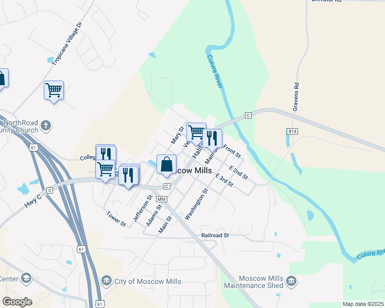 map of restaurants, bars, coffee shops, grocery stores, and more near 255 3rd Street in Moscow Mills