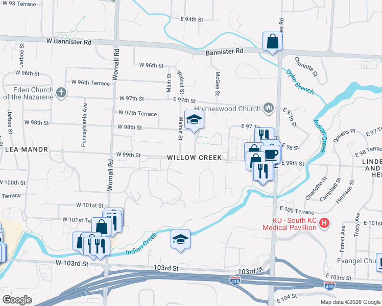 map of restaurants, bars, coffee shops, grocery stores, and more near 112 East 99th Street in Kansas City