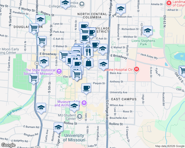 map of restaurants, bars, coffee shops, grocery stores, and more near 1102 Locust Street in Columbia