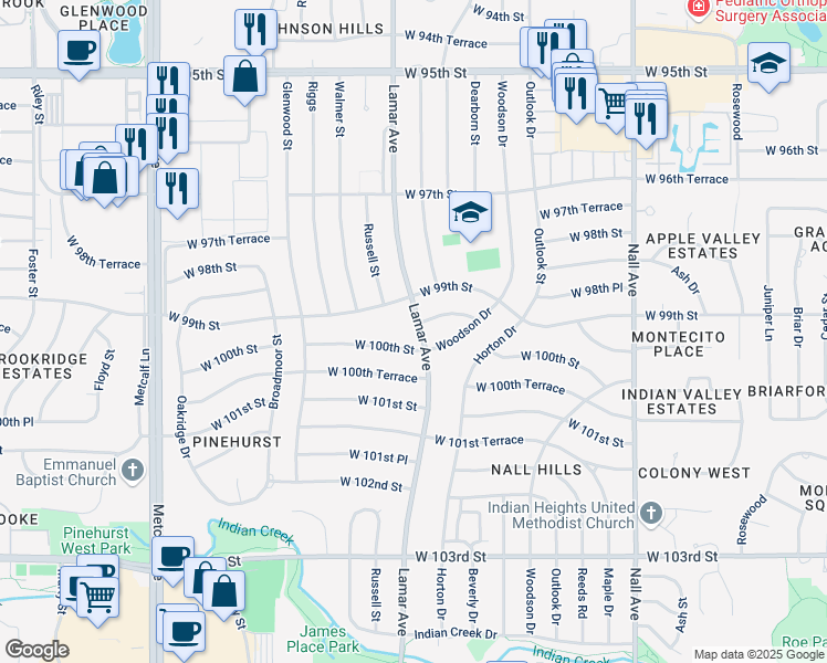map of restaurants, bars, coffee shops, grocery stores, and more near 9924 Lamar Avenue in Overland Park