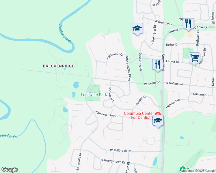 map of restaurants, bars, coffee shops, grocery stores, and more near 605 Medford Drive in Columbia