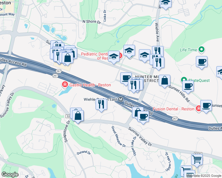 map of restaurants, bars, coffee shops, grocery stores, and more near 1870 Wiehle Avenue in Reston