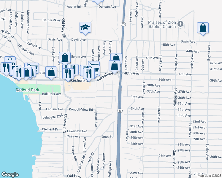 map of restaurants, bars, coffee shops, grocery stores, and more near 15428 Mason Street in Clearlake