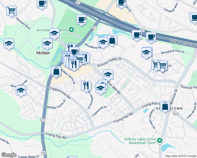map of restaurants, bars, coffee shops, grocery stores, and more near 2454 Covered Wagon Court in Herndon