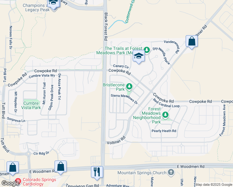 map of restaurants, bars, coffee shops, grocery stores, and more near 6884 Sierra Meadows Drive in Colorado Springs