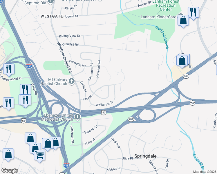 map of restaurants, bars, coffee shops, grocery stores, and more near 4200 Kinmount Road in Lanham