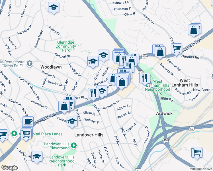 map of restaurants, bars, coffee shops, grocery stores, and more near 7220 Glenridge Drive in Hyattsville