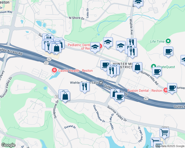 map of restaurants, bars, coffee shops, grocery stores, and more near 1870 Wiehle Avenue in Reston