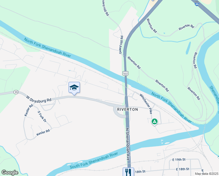 map of restaurants, bars, coffee shops, grocery stores, and more near 100 Rugby Street in Front Royal