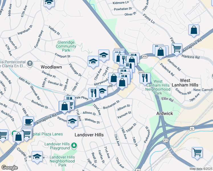 map of restaurants, bars, coffee shops, grocery stores, and more near 7220 Glenridge Drive in Hyattsville