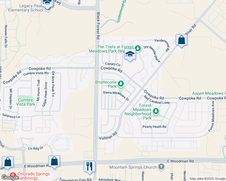 map of restaurants, bars, coffee shops, grocery stores, and more near 6884 Sierra Meadows Drive in Colorado Springs