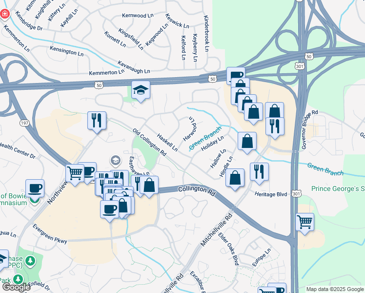 map of restaurants, bars, coffee shops, grocery stores, and more near 2203 Harwood Lane in Bowie