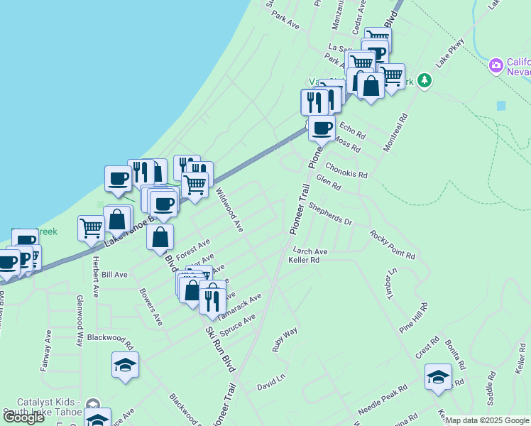 map of restaurants, bars, coffee shops, grocery stores, and more near 3796 Forest Avenue in South Lake Tahoe