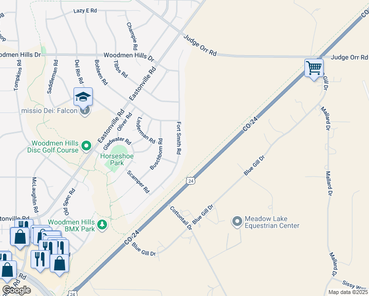 map of restaurants, bars, coffee shops, grocery stores, and more near 8107 Fort Smith Rd in Peyton