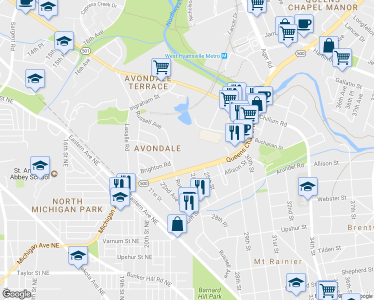 map of restaurants, bars, coffee shops, grocery stores, and more near 2400 Queens Chapel Road in Hyattsville