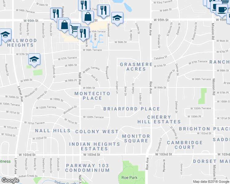 map of restaurants, bars, coffee shops, grocery stores, and more near 9904 Juniper Lane in Overland Park