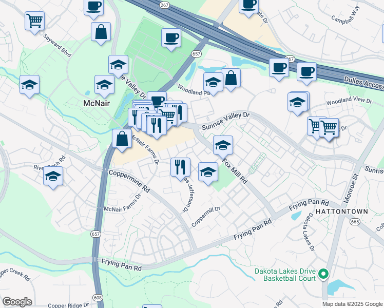 map of restaurants, bars, coffee shops, grocery stores, and more near 2434 Rolling Plains Drive in Herndon