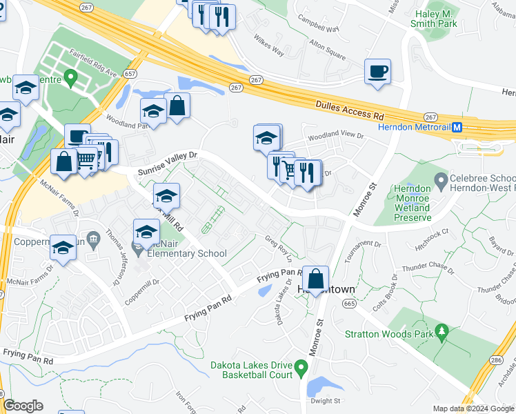 map of restaurants, bars, coffee shops, grocery stores, and more near 13007 Elm Tree Drive in Herndon