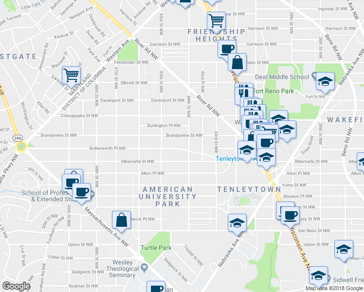 map of restaurants, bars, coffee shops, grocery stores, and more near 4409 Butterworth Place Northwest in Washington