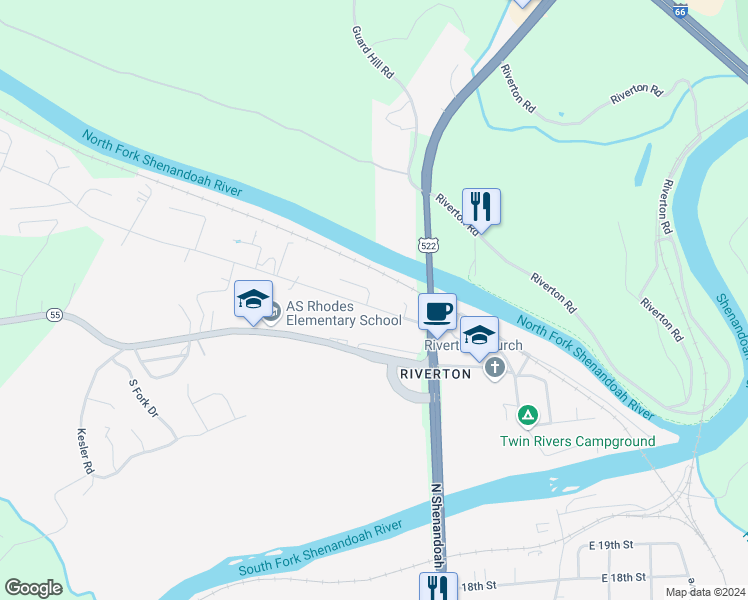 map of restaurants, bars, coffee shops, grocery stores, and more near 100 Rugby Street in Front Royal
