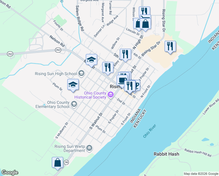 map of restaurants, bars, coffee shops, grocery stores, and more near 121 S High St in Rising Sun