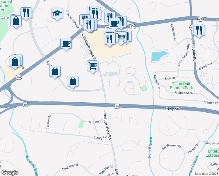 map of restaurants, bars, coffee shops, grocery stores, and more near 4210 Day Lily Drive in Bowie