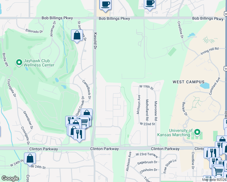 map of restaurants, bars, coffee shops, grocery stores, and more near 1904 Jenny Wren Rd in Lawrence