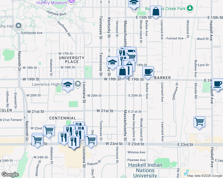 map of restaurants, bars, coffee shops, grocery stores, and more near 1930 Kentucky Street in Lawrence