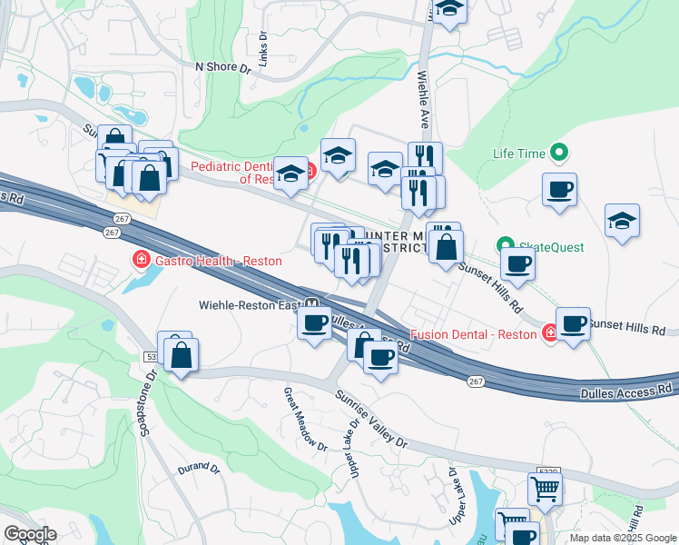 map of restaurants, bars, coffee shops, grocery stores, and more near 1908 Reston Metro Plaza in Reston